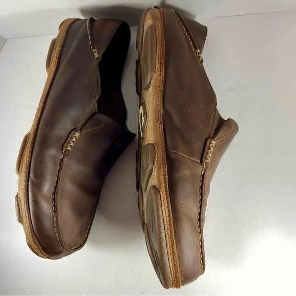 OLUKAI moloa men’s brown leather slip on boat shoe fishing beach loafer ocean