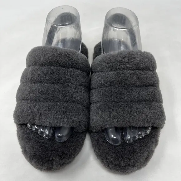 UGG 1098494K Fluff Yeah Slide Gray Sheepskin Wool Slippers Big Kid Youth Size 4